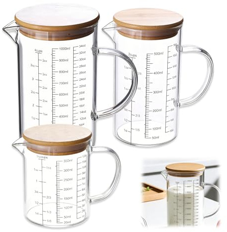 GOMETY Juego de 3 vasos medidores de cristal, tamaños 350 ml, 500 ml, 1000 ml, vaso medidor de cristal con escala precisa, tapa de bambú, junta de silicona, resistente al calor, vidrio de borosilicato
