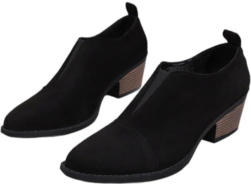 WINDEHAO Botines de piel con puntera puntiaguda y tacón de bloque para mujer, cómodas, sin cordones, de corte bajo, gruesos, elegantes, estilo occidental, Gamuza negra, 40 EU
