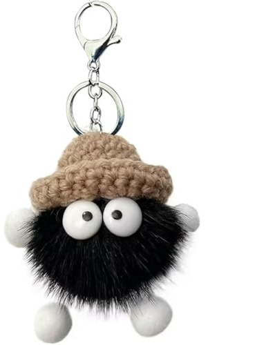 Porte Clef Original Noir Pompon Mignon pour Femme et Fille, Grigri Sac a Main Peluche Douce avec Attache Argentée, Porte Clés Fantaisie Accessoire Charme pour Voiture, Cartable et Décoration Cadeau