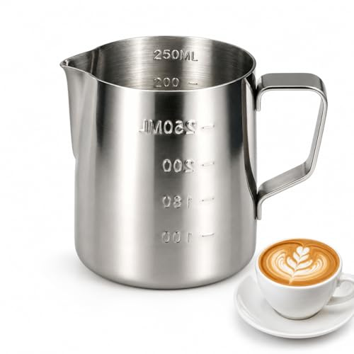 Mjölkkanna 250 ml rostfritt stål med mätskala – mjölkskumkanna för kaffebryggare, liten mjölkkanna för barista cappuccino espresso och latte art, rostbeständig mjölkskumkanna för hemmet