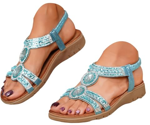 Damsandaler med elastiska ankelremmar, avslappnade boho strandskor, fashionabla kristallblommor sandaler, låga klackar damskor svarta eleganta, sandaletter eleganta sandaler 2026
