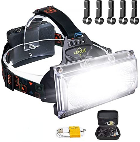 Stirnlampe, LETOUR Scheinwerfer 2500Lumens COB Superhelle wiederaufladbare LED Scheinwerfer Wasserdichtes Arbeitslicht für Camping, Angeln, Wandern, größerer Batteriebehälter, Super lange Arbeitszeit