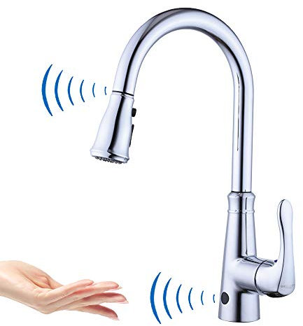 GEOATON Berührungslose Küchenspüle Wasserhähne Sensor Automatischer Sensor Küchenspüle Mischbatterie Wasserhahn mit herausziehbarem Sprüher Einhebel Schwenkauslauf Chrom