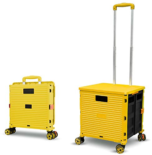 Carrito de Compras Plegable, 54L/45KG Carro de Utilidad Duradero Portátil Multifuncional de Gran Capacidad con asa Telescópica y 4 Ruedas Giratorias Desmontables para Compras y Transporte, Amarillo