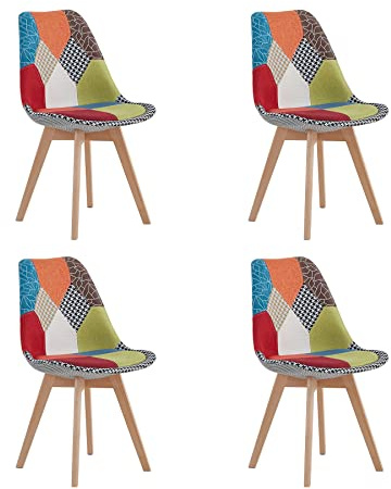 BenyLed Juego de 4 Sillas de Comedor con Diseño de Patchwork con Asiento Tapizado y Patas de Madera, Ideal para Comedor, Salón, Dormitorio, etc. Rojo