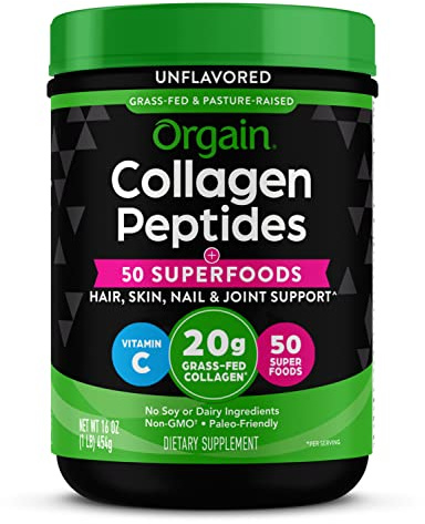Orgain Hydrolyzed Collagen Powder + 50 Organic Superfoods For Women & Men, 20g Grass Fed Collagen with Vitamin C, Unflavored - Hair, Skin, Nail, & Joint Support Supplement, Non-GMO, Type I & III, 1lb