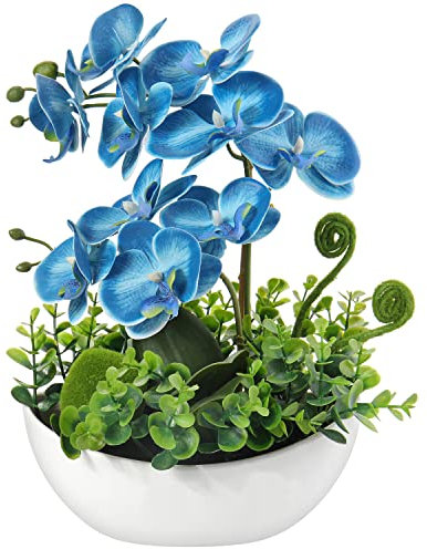 Oairse Artificial Flowers Artificial Orchid in Pots Blue Fake Flowers Real Touch Phalaenopsis Silk Flower Faux Orchid Plant Arrangment Decorative Artificial Flora for Home Room Kichen Wedding, 34CM