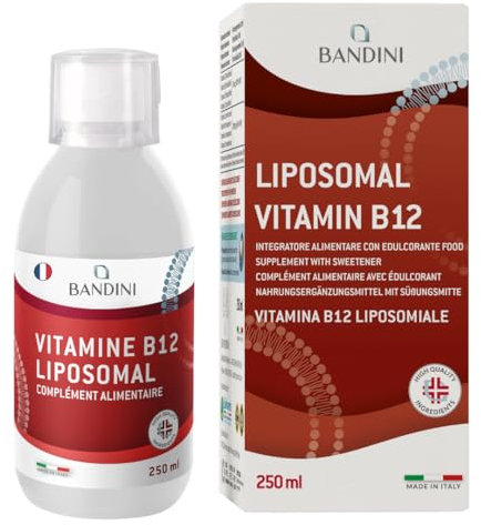 Bandini® Vitamina B12 Liposomiale 1000 mcg - Integratore Liposomiale Liquido da 250 ml - Vitamine B 12 ad Alto Dosaggio ed Assorbimento - 100% Vegan - Senza OGM - Senza Soia - Con Tappo Dosatore