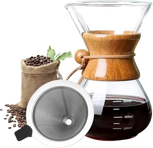 ZNZNANG Pour Over Kaffeebrüher,Pour Over Kaffeemaschine Glas Kaffeekanne ，Isolierter Holzgriff， wiederverwendbarem Edelstahl Permanent-Filter Kaffeekanne (21oz/600ml)