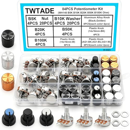 TWTADE 84PCS Potentiometer Kit WH148 B5K B10K B20K B50K B100K Ohm Linear Rotary Potentiometer with Plastic Knobs,Aluminum Alloy Knobs,Nuts and washers H-023
