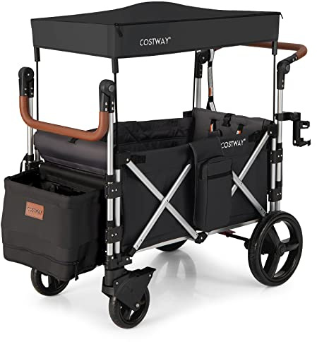 COSTWAY Push Pull Stroller Wagon for 2 Kids, Collapsible Trolley with Adjustable Handle Bar, Removable Canopy, 5-Point Harness and Drapes, Outdoor Camping Cargo Cart (Black)