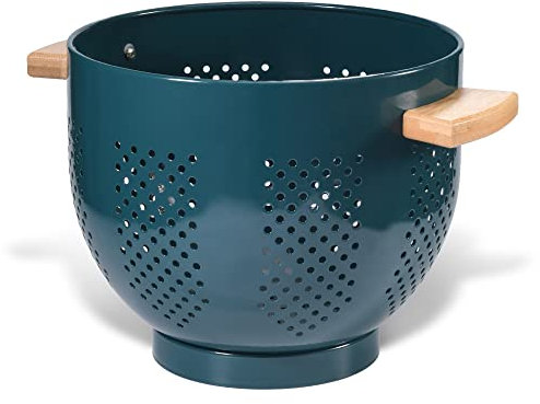 beifeier Passoire Cuisine Avec Manche en Bois et Base Stable, 29 x 22 x 18 cm, Poudre Sûr Alimentaire Enduite, Grande Passoire Métal pour Pâtes, Légumes et Fruits​ (vert foncé)