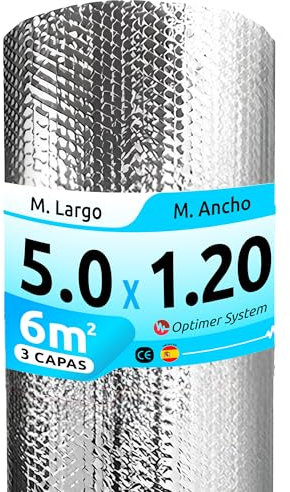 AISLANTE TERMICO MULTIUSOS PREMIUM| Reduce el Frio y el Calor | Rollo Aislante Termico para Ventana, Pared, Suelo, Techo, Coche, Garaje,Camper (5x1.20m | 6m² sin Cintas)