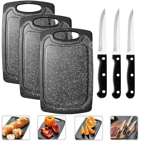 Tagliere da cucina,Set di 3 Tagliere Cucina Set in Plastica Antiscivolo, con 3 pezzi coltelli da bistecca, taglieri con scanalatura per il succo, Tagliere Plastica Senza BPA,per Carne,Verdure e frutta