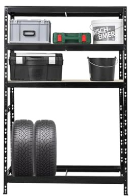 PROREGAL Reifenregal Tiger | HxBxT 180x120x40 cm | bis zu 6 Reifen auf 1 Ebene + 3 Ablagen | Schwarz | Werkstattregal, Lagerregal, Kellerregal