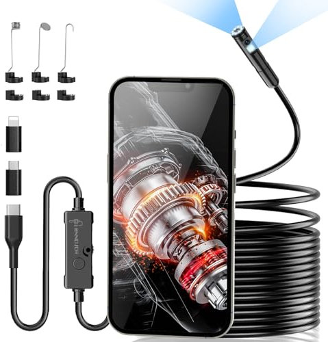 Ennovor Endoscopio per Smartphone Doppie Lenti 1920P HD, Sonda con Telecamera per Ispezione Tubi Professionale IP67 Impermeabile con 8+1 LED e Cavo Semirigido da 5M, Compatibile con Android e iOS