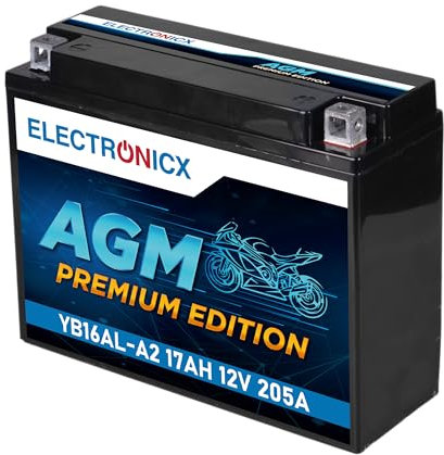 Electronicx YB16AL-A2 AGM 12V 17Ah 205A Motorradbatterie. Langlebige, hochwertige, versiegelte, auslaufsichere & wartungsfreie Starterbatterie für Motorrad Roller Quad Schneemobil Jetski 206×70×162 mm
