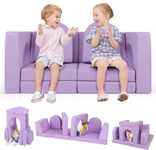 COSTWAY Kindersofa 8-teilig, Spielsofa aus Schaumstoff Bausteine mit bequemem Wildlederstoff, Modulares Spielsofa für Kinder zum Spielen (Lila)
