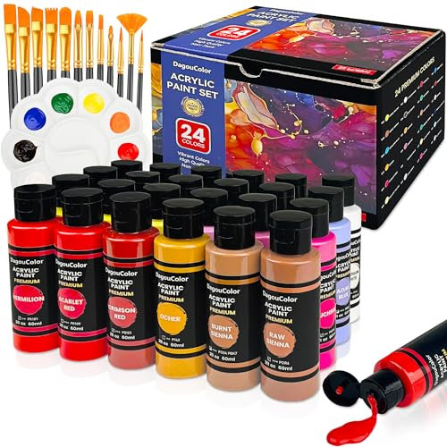DagouColor 49 PCS Pintura Acrílica - 36 Colores Acrílico (60ml) con 12 Pinceles y 1 paleta, Regalos de Arte para tela Lienzo, Piedra, Acrilicos para Pintar para Artistas, Principiantes