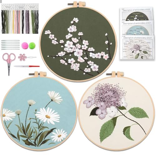 Aucuu Stickset für Anfänger, 3 Stück Sticken Set Erwachsene, Blumenmuster Pflanzen Sticken Set, Embroidery Starter Kits, Kreuzstich Set, Erwachsene Stickerei Set mit 1 Stickrahmen 6 Nadel 19 Stickgarn