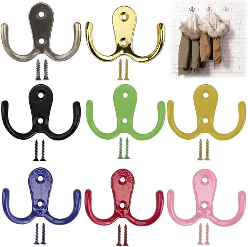DEFIYEAR 8PCS Double Prong Robe Hooks - Dual Door Coat Hooks & Chrome Coat Hook with 16 Screws, Wall Mounted Clothes Hooks Screw in for Hanging Hat Tie Clothes Towel