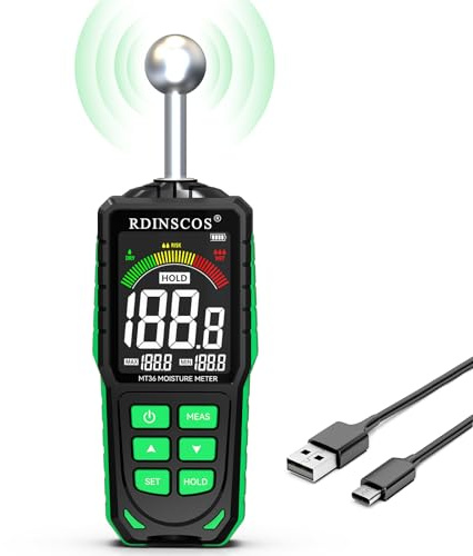 RDINSCOS Kugelform Feuchtigkeitsmessgerät Wand & Holz, Farb-LCD & Akustischer Alarm, Feuchtigkeitsmesser für Mauerwerk, Putz, Gips, Papier, Baustoffe, Analysetiefe bis 40mm