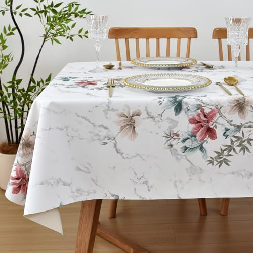 Yofori PVC Wipe Clean Tablecloth, Marble Floral Pattern Wipeable Table Cloth Vinyl Waterproof Table Cover for Kitchen Dining Outdoor Garden Picnic (Floral,137x300cm)