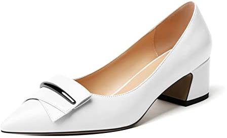 EDEFS Escarpins Femme Talon Bloc Bout Pointu À Enfiler - Talon Bas Design Classique Talon 5 cm Blanc Mat Taille EU41