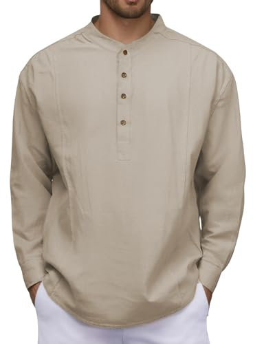 Camicia Lino Uomo, A Maniche Lunghe, Collo Coreano, con Bottoni, Slim Fit Henley Shirt Leggera Estiva Casual Magliette da Spiaggia T-Shirt Tinta Unita Elegante