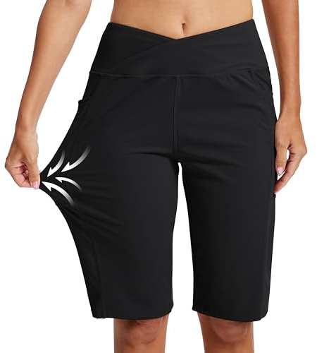 MoFiz Damshorts, bermudashorts, knälång, korta byxor, dam, sommar, gym, shorts med fickor, svart, 3XL