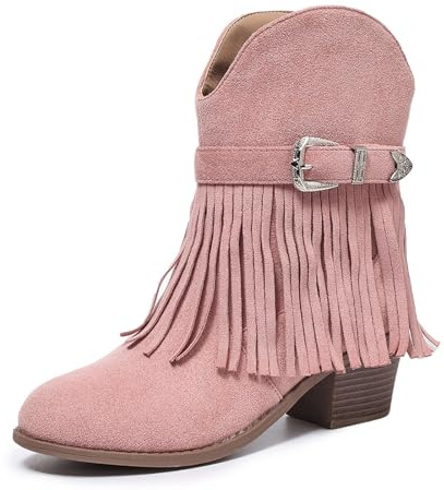 Jemnpela Botines de Tobillo de Ante para Mujer con Flecos Tacón Medio Ancho Fácil de Calzar Estilo Vaquero Calzado Boho para Conciertos Country Fiestas Temáticas Bodas y Baile