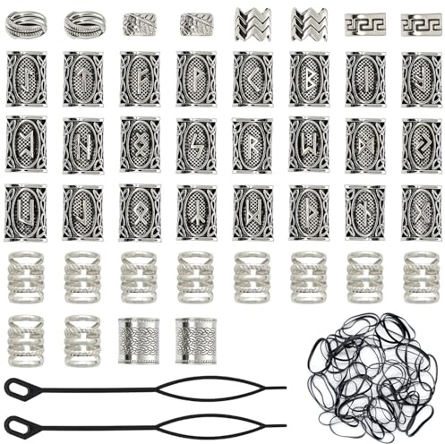 44 st skägg pärlor för män kvinnor, Viking hår pärlor för flätor för vuxna, Vikings Runes Dreadlock pärlor, Viking tillbehör, Bun curler dra hår pin snabb beader, med 50 gummiband, 2 verktyg