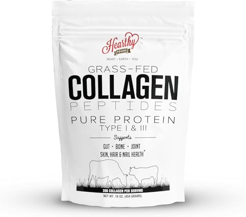HEARTHY FOODS Collagen Powder - 18g Protein - Pure Halal Collagen Peptides Grass Fed Organic Hydrolyzed Powder | Type I and III Unflavoured Keto Friendly Gluten Free No Sugar Non GMO 16 Oz