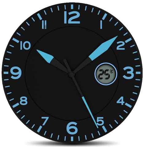 Fishtec Orologio da Parete Design Moderno - Pendolo murale con Temperatura Digitale - Adatto per Cucina, Ufficio, Salotto, Camera - 25 CM - Nero e Blu