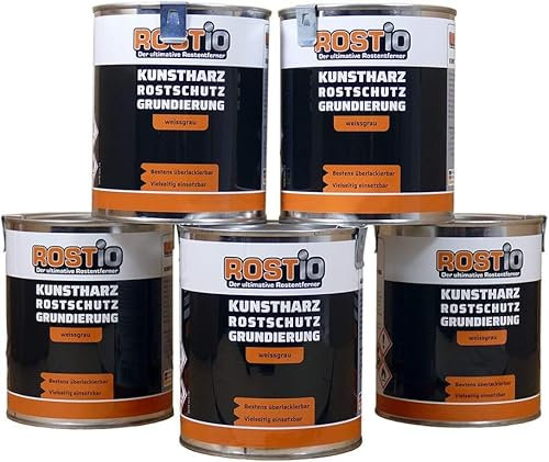 Rostio 5 x Rostschutzgrundierung | Kunstharz Rostschutzfarbe weißgrau | Rostschutz & Korrosionsschutz 6er Set