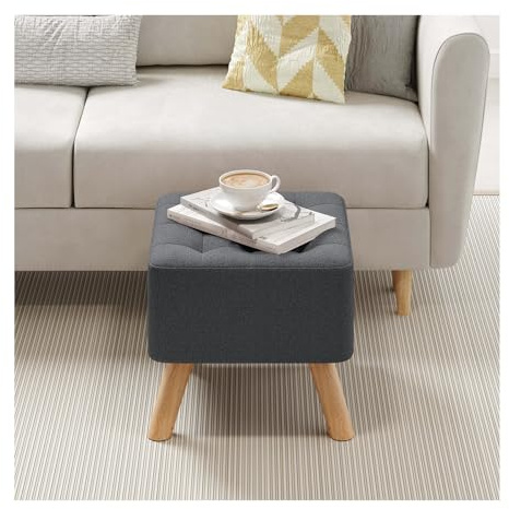 INMOZATA 40 cm Upholstered Footstool Square Linen Stool with Padded Seat Pine Wood Legs Pouffe Stool Change Shoe Footrest for Living Room Bedroom (Dark Grey)