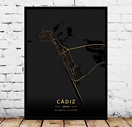 YMXCNM Cádiz España Mapa De La Ciudad Cuadro sobre Lienzo Modern Black Gold Posters Artwork Unframed Pictures Prints Personalization Paintings Souvenir Gift Home Decor,50X70Cm/19.68X27.55 In