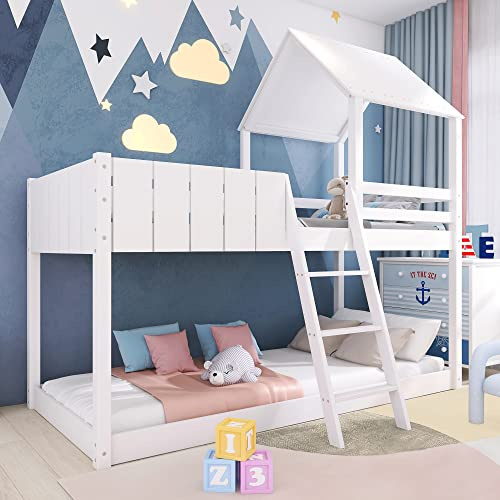 LTGB Wooden Cabin Beds, Treehouse Canopy, 3 FT Single Loft Bed with Ladder and Guard Rail, Mid-Sleeper Bunk Beds Shaped with Space-Saving Design(White-90 * 190 cm)【UK Fast Shippment】