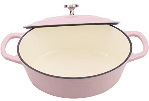 SHALOLY con Coperchio Pentola per stufato Ovale in ghisa da 28 cm, casseruola Smaltata Multifunzionale Padella Antiaderente Ideale per cuocere al Forno, brasare, friggere, arrostire, Rosa (Rosa)