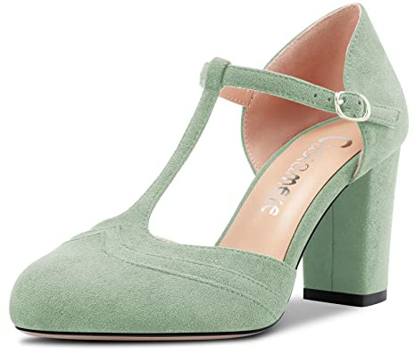 Castamere Women Chunky Block High Heel Round Toe Pumps Court Shoe T-Strap Buckle Wedding Office 8.5 CM Heels Light Green 8 UK
