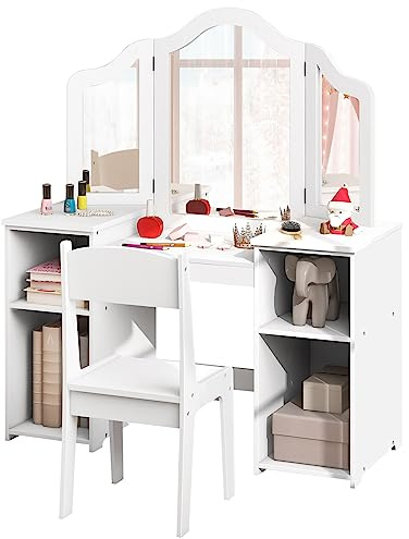 LIFEZEAL Barnsminkbord för flickor med spegel och hyllor, sminkbord i trä med stol och 4 fack, vikbara och avtagbara speglar, 100 kg belastning, 2-i-1 design (vit)