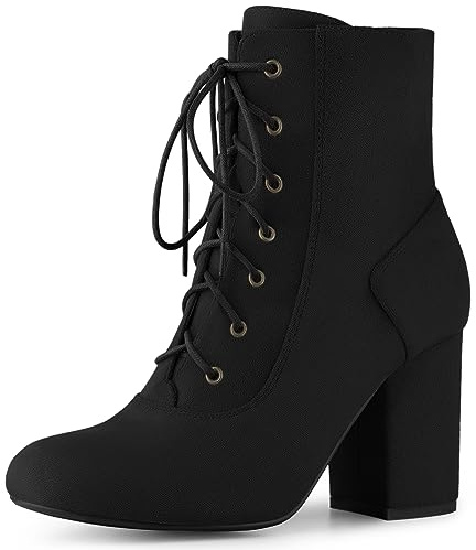 Perphy Round Toe Chunky High Heel Lace Up Black Ankle Boots for Women 7 M US