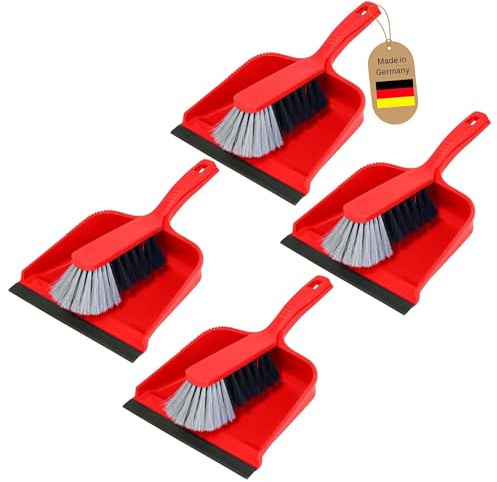 Novaliv 4er Kehrblech Set Kehrblechgarnitur ROT Kunststoff Kehrblechbesen zum Aufkehren Handfeger Kunstborsten PPN Kehrblechset Kehrschaufel 20 cm - geeignet für Camping Feger und Kehrblech