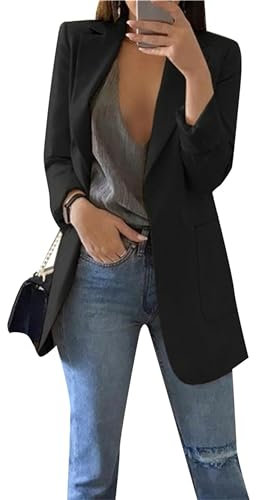 BOFETA Damen Blazer Jacken Einfarbig Revers Blazer Trendy Lose Passform Langarm Anzug Jacken Mit Taschen Schwarz L