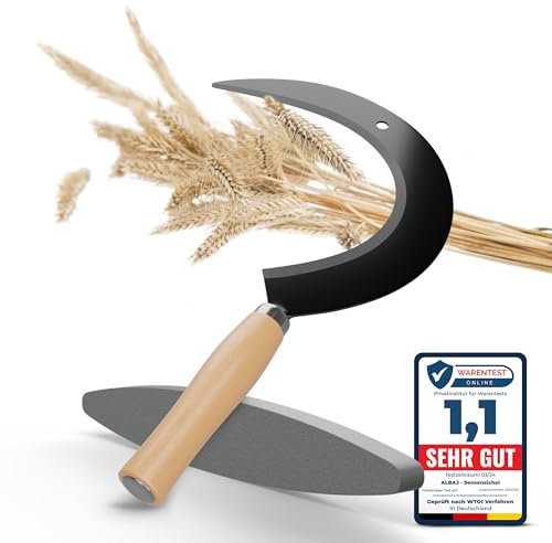 ALBAJ Faucille ronde avec manche en bois – Faucille tranchante traditionnelle – Débroussailleuse durable 35 x 22 cm – Avec pierre à aiguiser – Faucille robuste pour herbe
