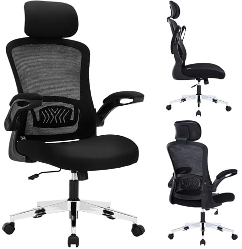Nyxi Ergonomic Office Chair for Work, Computer Desk & Study, High Back Mesh Chair with Foldable Armrests, Lumbar Support, Adjustable Headrest, Swivel, Metal Base, Comfort (Black, Model 744)