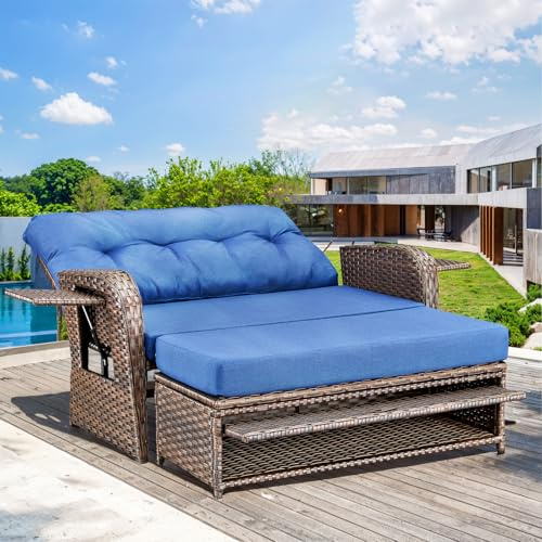 Bellefurn Patio Rattan Daybed, Wicker Recliner Loveseat for Two with Multifunctional Recliner and Stowable Side Tray, 5 Level Adjustable Backrest (Brown Wicker/Blue Cushion)