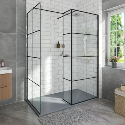 Aquariss 1200x700mm Black Grid Walk in Shower Screens Return Panel Tray