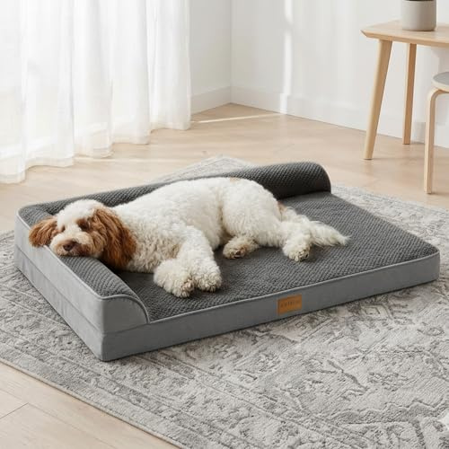 Jolibean Orthopedic Jacquard Dog Bed for Medium Dogs 91x61cm, Waterproof L Shaped Medium Pet Sofa Bed with Washable Removable Cover, Non-Slip Soft Warm Comfortable Pet Couch Sleep Mat, Grey