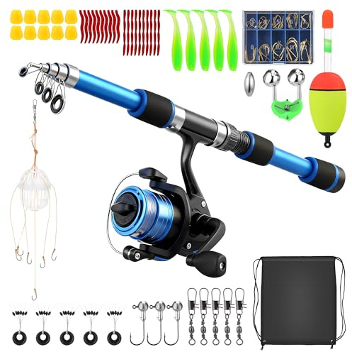 Hahorpa Canne a Peche Enfant, Kit de Canne a Peche Telescopique et Moulinet Portable, Canne à Pêche avec Leurres Souples, Fil, Hameçons et Sac de Rangement, Jouet Exterieur Enfant pour Débutants